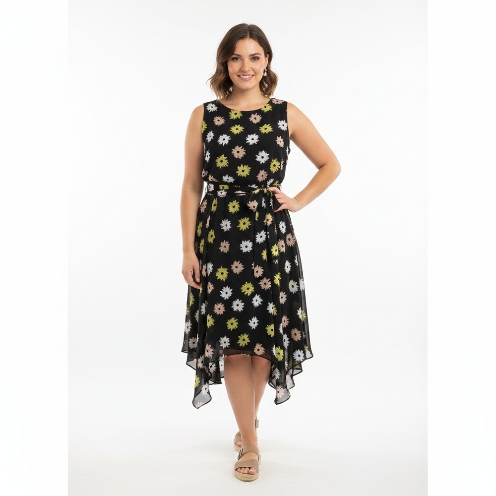 JBS Black Floral Daisy Sleeveless Midi Dress Size 16 Asymmetric Hem Belted